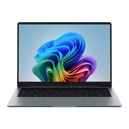 Moderner grauer Laptop mit großem Display, schwarzer Tastatur und farbenfroher abstrakter Grafik.