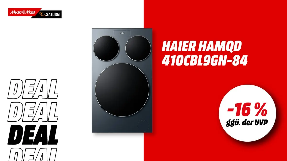 Haier HAMQD 410CBL9GN-84 MultiWash Waschmaschine mit 3 Trommeln und 10 kg Fassungsvermögen, aktuell reduziert bei MediaMarkt.