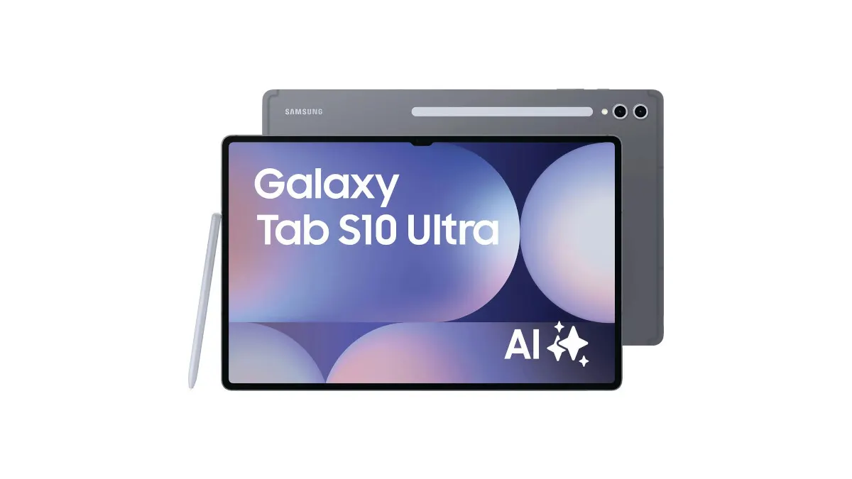 Ein graues Tablet mit der Aufschrift "Galaxy Tab S10 Ultra" und ein Stift auf einem weißen Hintergrund.