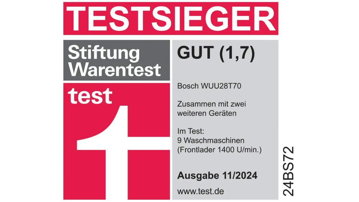 Logo "Testsieger Stiftung Warentest" mit Note "GUT (1,7)", Modell "Bosch WUU28T70", Ausgabe 11/2024, www.test.de, 24BS72.