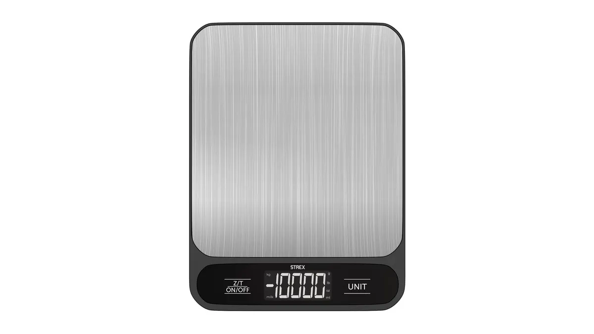 Die digitale Küchenwaage Strex SP302 vor einem weißen Hintergrund.