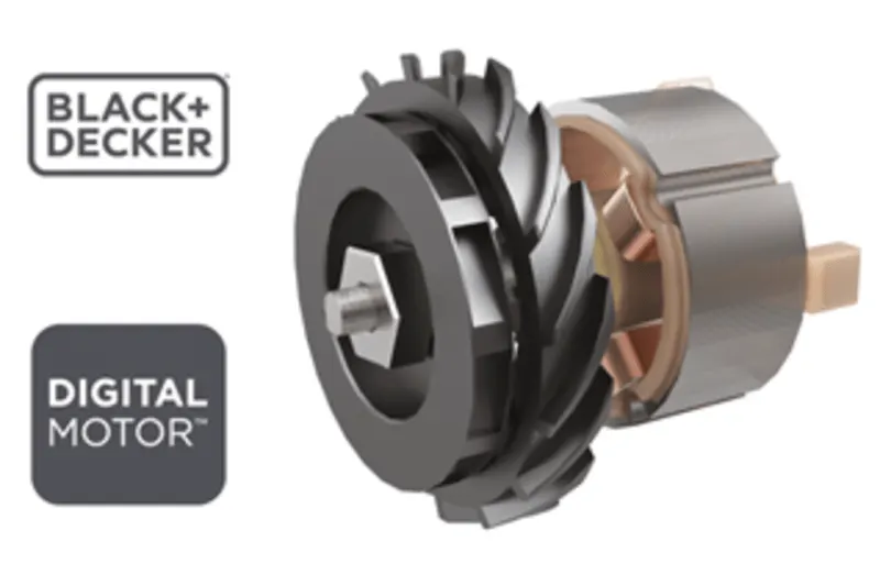 Logo "Black+Decker", grauer Block mit "Digital Motor" und ein zerlegter grauer Motor mit Kupferelementen.