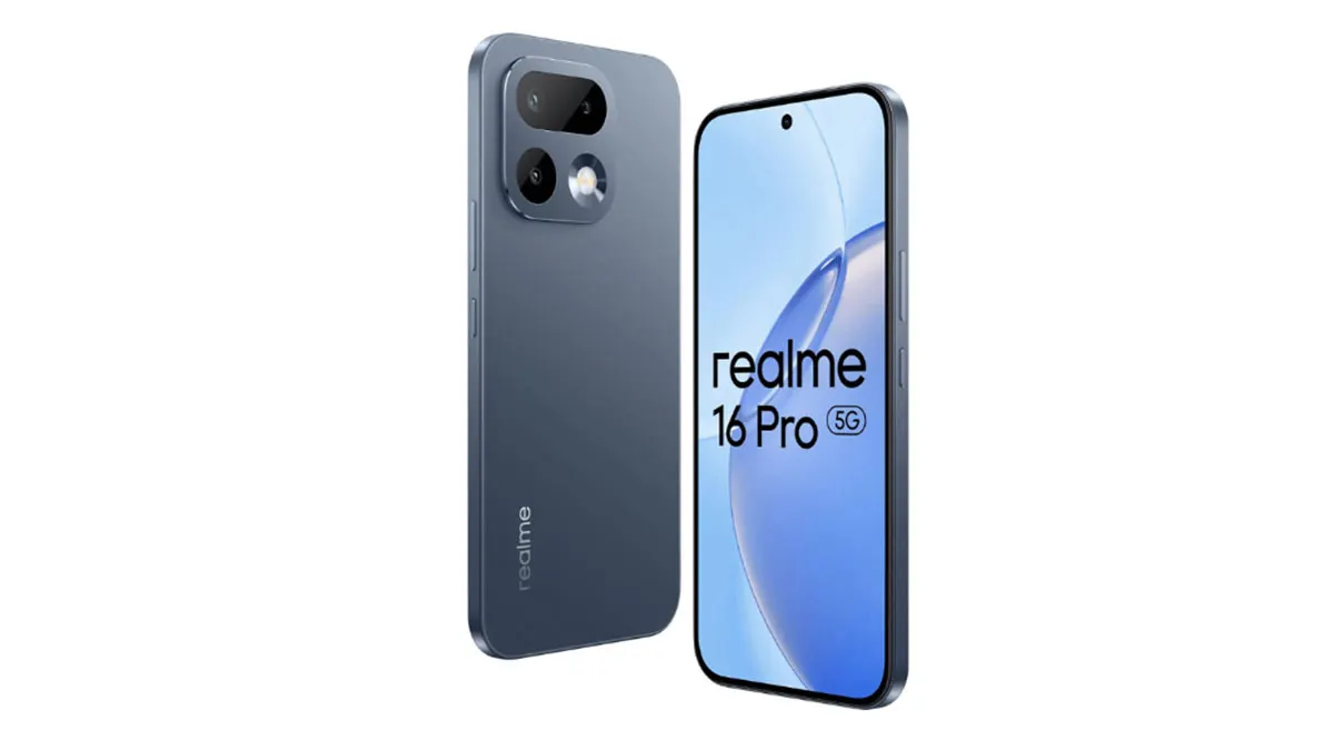 Das Smartphone Realme 16 Pro in Front- und Rückansicht nebeneinander auf weißem Hintergrund.