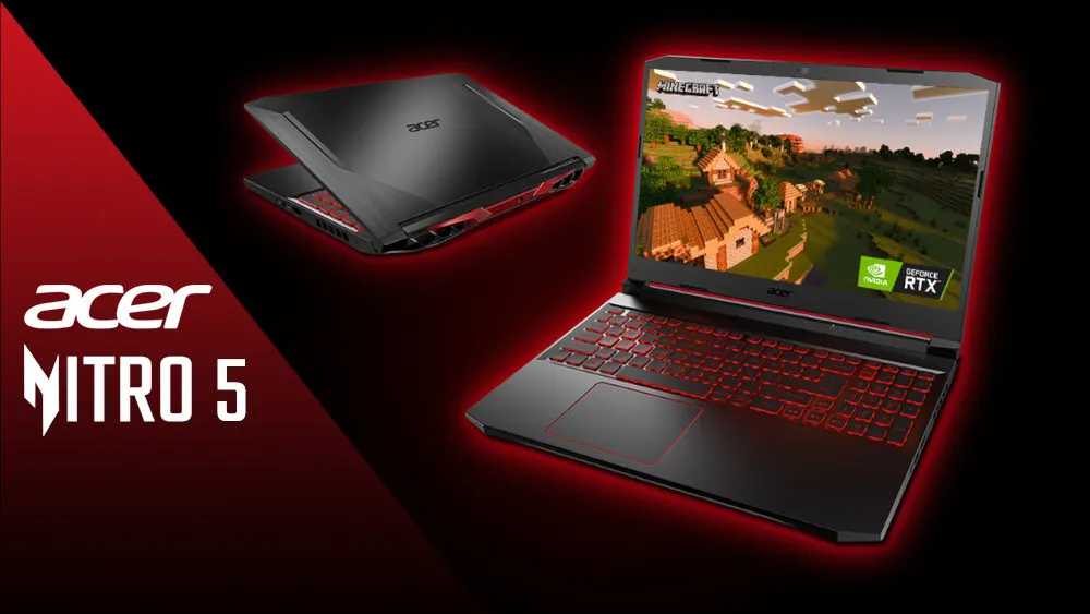 Ein Acer Nitro 5 Laptop mit roter Tastatur zeigt Minecraft auf dem Bildschirm, daneben ein weiterer Laptop. Der Hintergrund ist rot und schwarz.