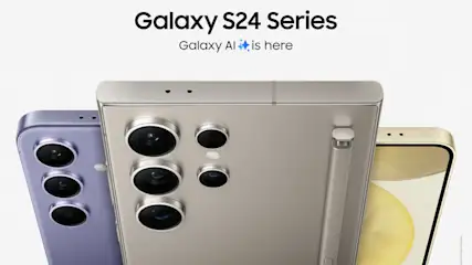 Drei Smartphones: lila mit drei Kameras, beige mit Stift und drei Kameras, golden mit zwei Sensoren. Aufschrift: Galaxy S24 Series.