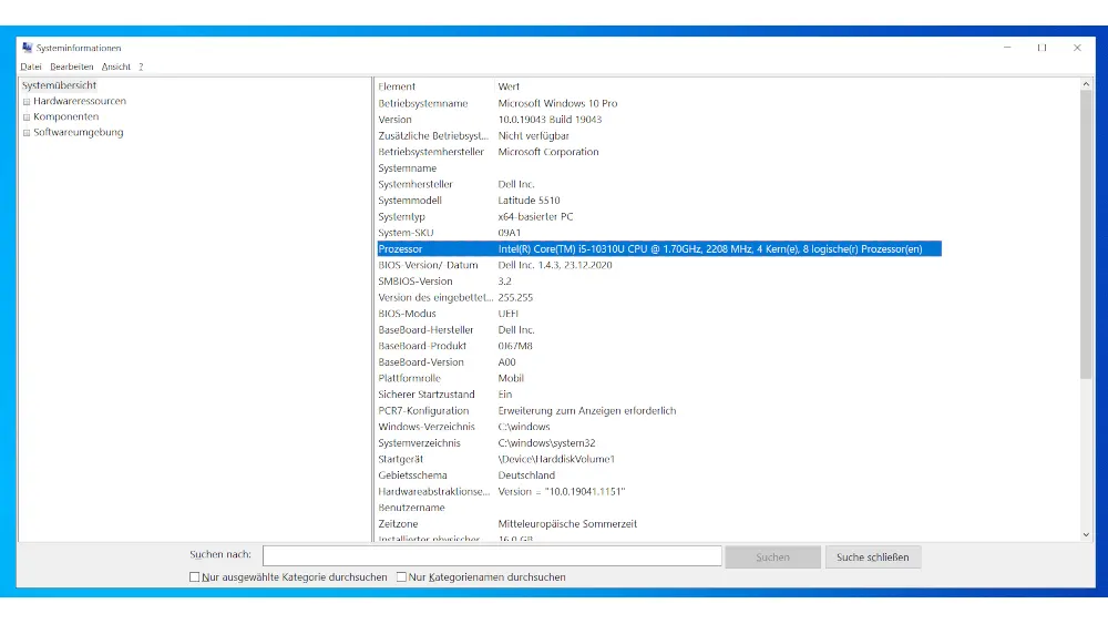Fenster "Systeminformationen" mit Details zu Betriebssystem, Prozessor (Intel Core i5) und Hardware-Abstraktionsebene auf blauem Hintergrund.