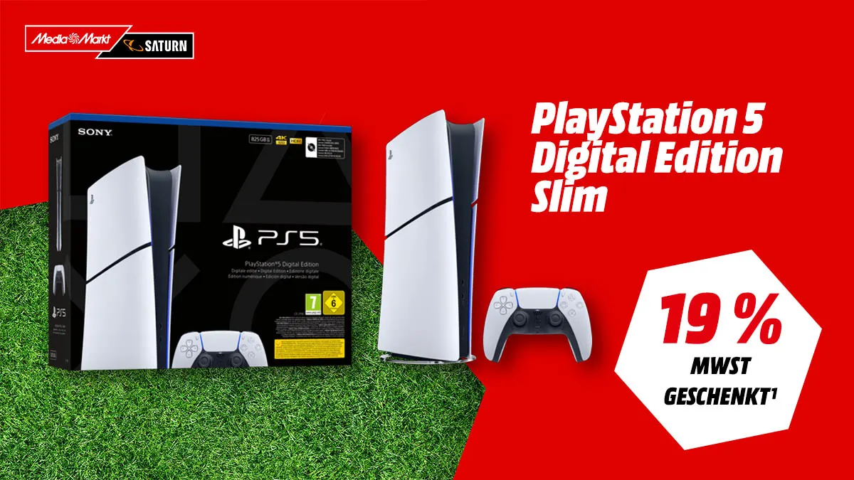 Sony PlayStation 5 Digital Edition Slim Konsole in Weiß, seitliche Ansicht, aktuell bei MediaMarkt reduziert