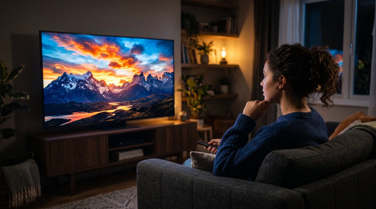 Eine Frau sieht auf einem Fernseher eine kontrastreiche Szene.