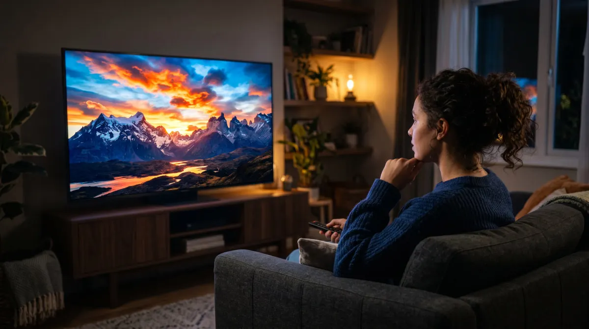 Eine Frau sieht auf einem Fernseher eine kontrastreiche Szene.