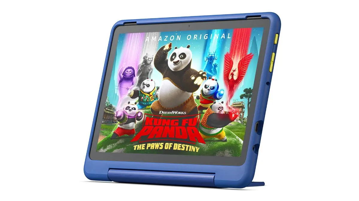 Das Kinder-Tablet Amazon Fire HD 10 Kids Pro vor weißem Hintergrund.