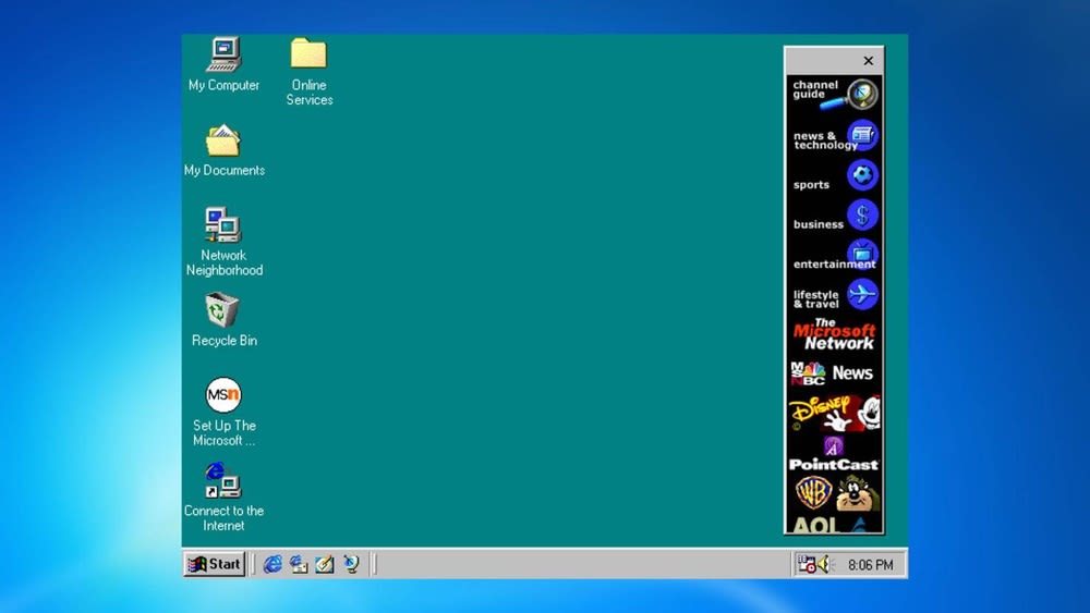 Es ist die Desktop-Oberfläche von Windows 98 zu sehen.