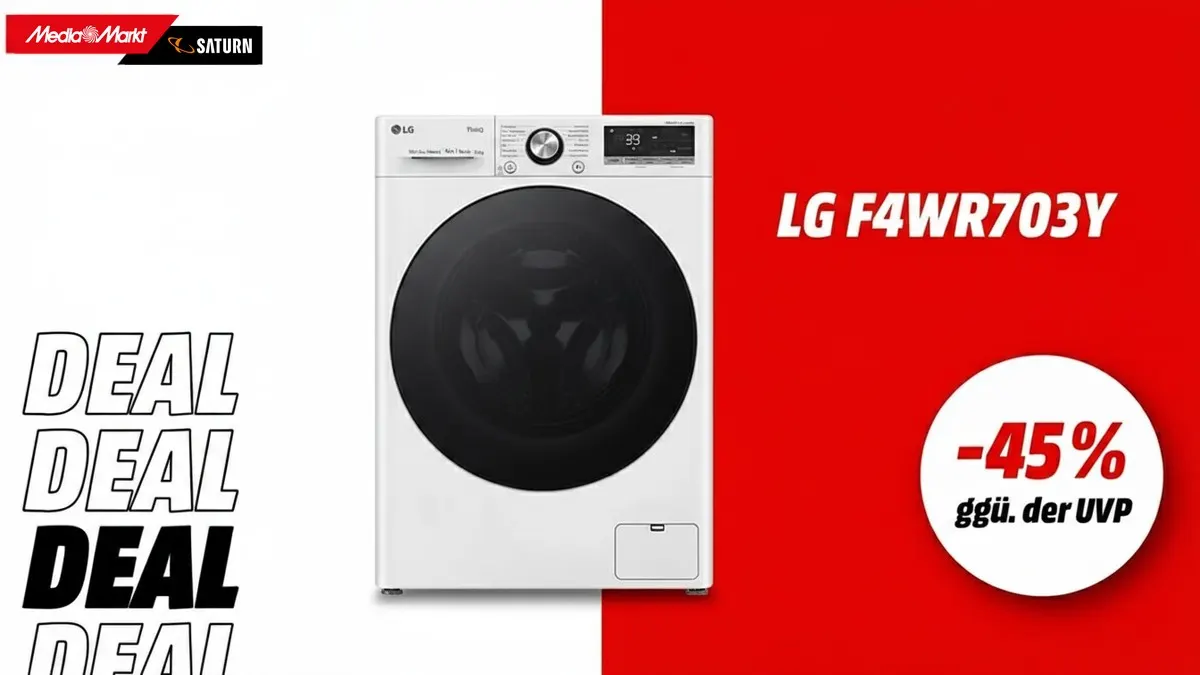Die LG Waschmaschine und Hinweis auf 45 Prozent gegenüber der UVP auf weiß-rotem Hintergrund.