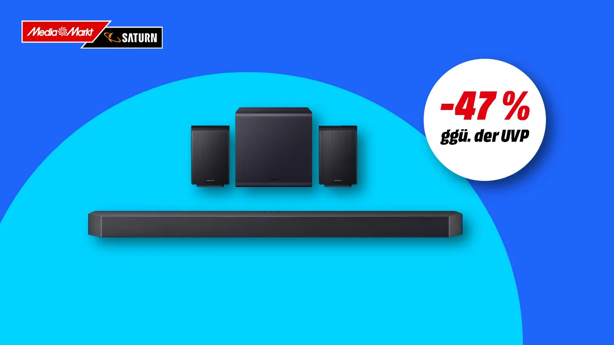 Samsung Soundbar HW-Q995GF, Hinweis auf 47 Prozent Rabatt gegenüber UVP auf blauem Hintergrund. 