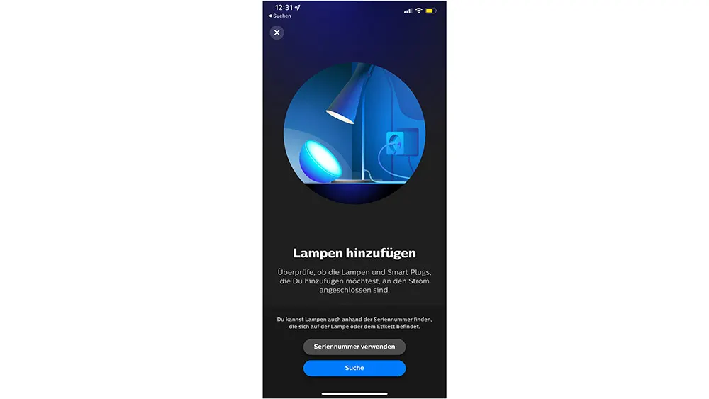 Auf dem Bildschirm eines Telefons wird die App zum Hinzufügen von Lampen angezeigt. Auf dem Bildschirm befinden sich zwei Tasten.