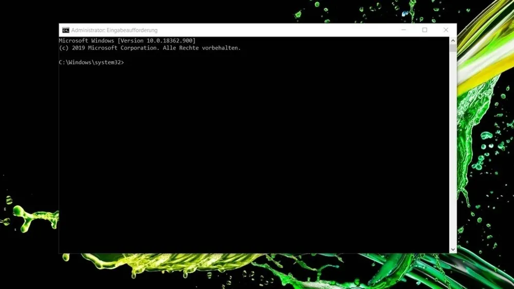 Schwarzes Eingabeaufforderungsfenster mit weißem Text auf einem Laptop mit grünem Hintergrund.