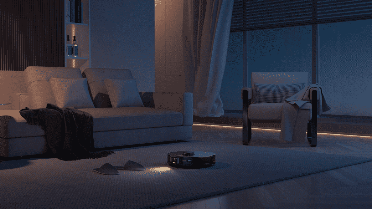 ROBOROCK S7 MaxV Plus Saugroboter saugt bei Nacht mit Licht und umgeht Hausschuhe auf dem Teppich
