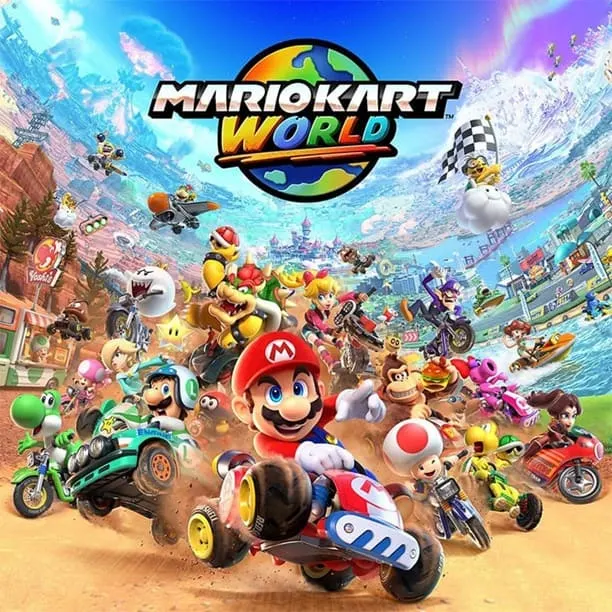 Buntes Titelbild von Mario Kart World mit Mario und vielen Nintendo-Charakteren in Karts auf einer Rennstrecke vor einer fantasievollen Landschaft.