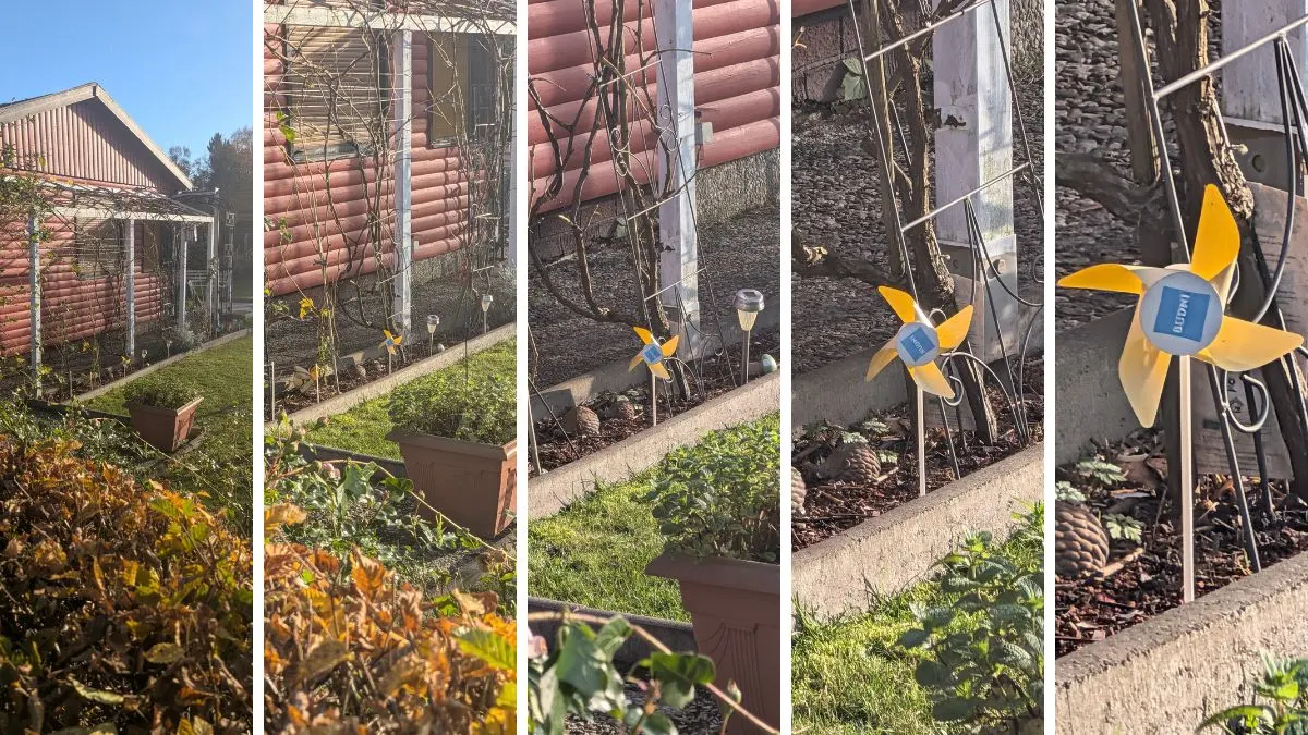 Eine Collage zeigt fünf Fotos von einem Windrad in unterschiedlicher Vergrößerung.