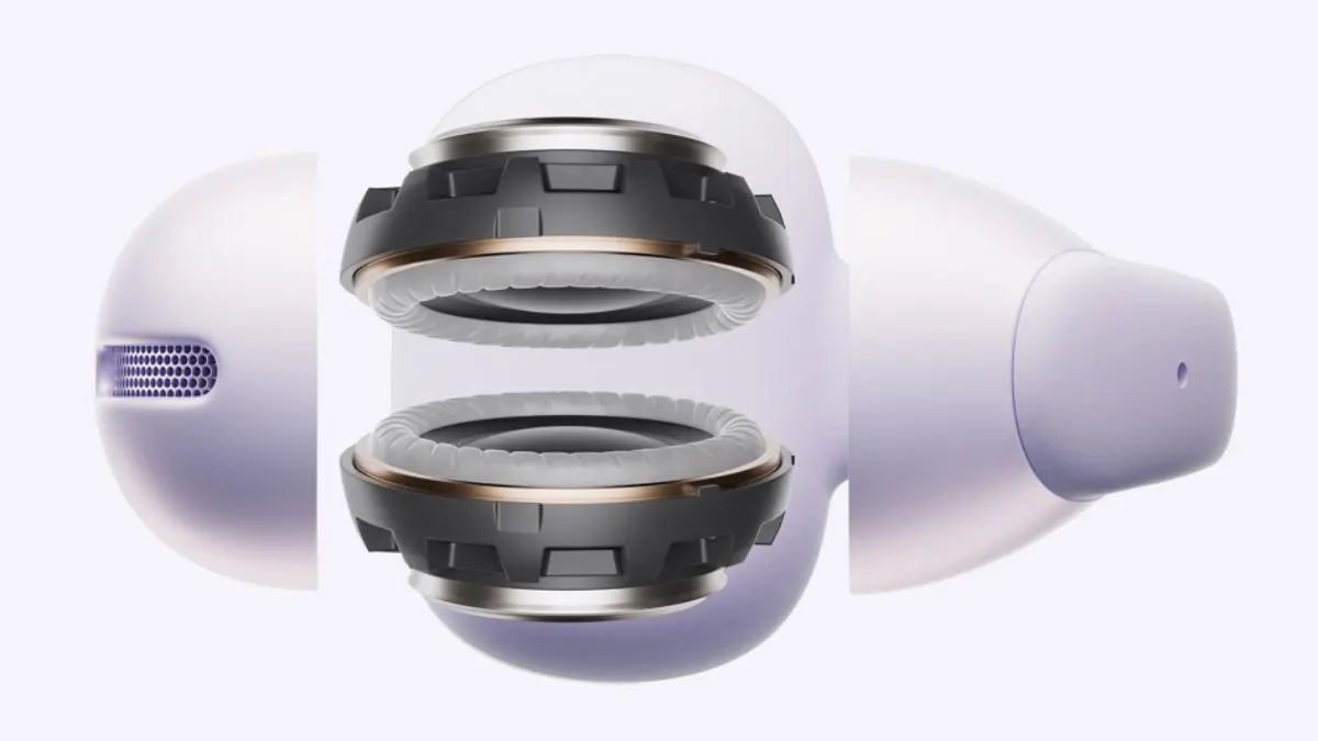 Grafische Darstellung des Innenlebens eines Earbuds der Shokz OpenDots Air. Man erkennt den Aufbau der Dual-Treiber.