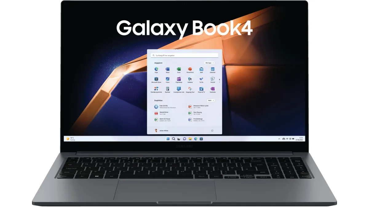 Das Samsung Galaxy Book4 vor weißem Hintergrund.