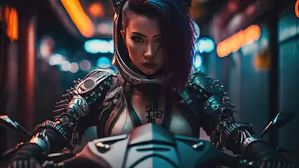 Eine Frau in futuristischer Rüstung sitzt auf einem Motorrad vor einem verschwommenen, städtischen Hintergrund mit farbigen Lichtern.