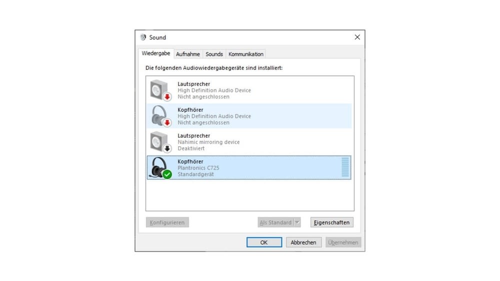 Verbundenes Headset bei Windows wird als Standardgerät ausgewählt und aktiviert.