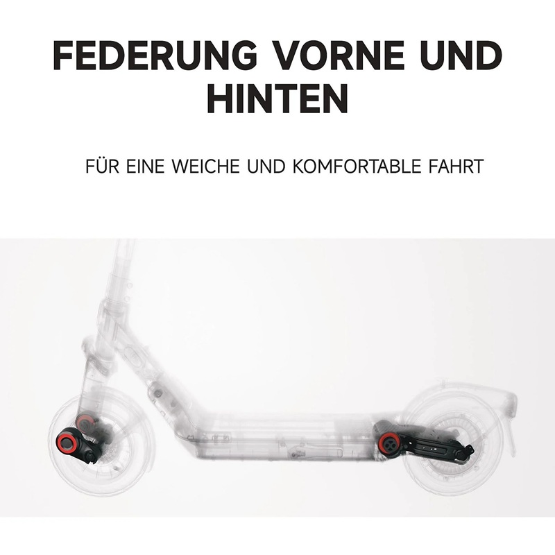 Transparente Seitenansicht des SEGWAY Ninebot E3 Pro D E-Scooters mit hervorgehobener Federung vorne und hinten, Text zur komfortablen und weichen Fahrt, weißer Hintergrund.