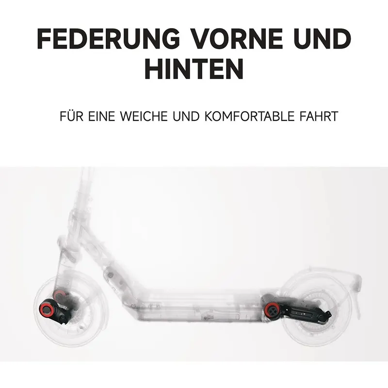 Transparente Seitenansicht des SEGWAY Ninebot E3 Pro D E-Scooters mit hervorgehobener Federung vorne und hinten, Text zur komfortablen und weichen Fahrt, weißer Hintergrund.