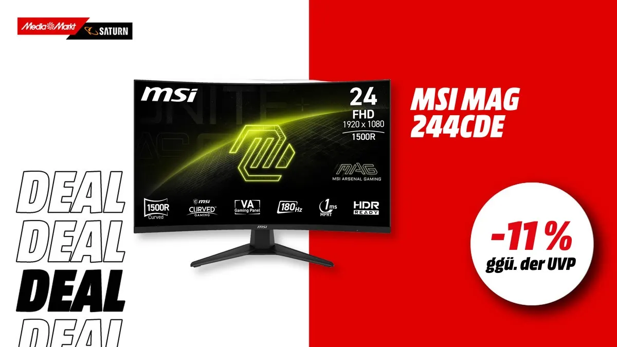 MSI MAG 244CDE Curved Gaming Monitor mit 180 Hz und 1 ms Reaktionszeit, aktuell mit -11 % (ggü. der UVP) reduziert.