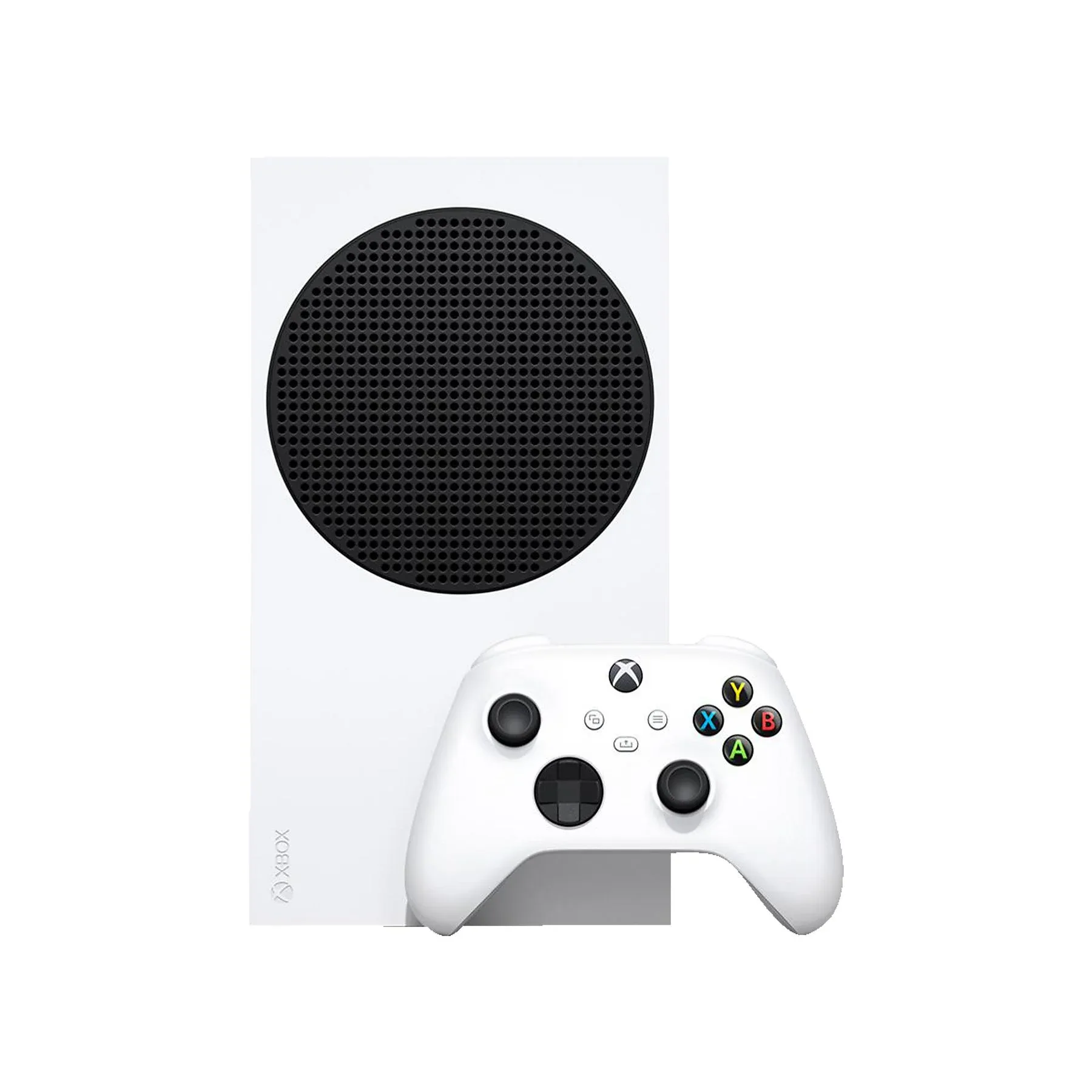 XBOX Series S 512 GB XBOX Series S 512 GB weiße Konsole mit schwarzem Lüftungsgitter und weißem Wireless Controller mit farbigen Tasten.