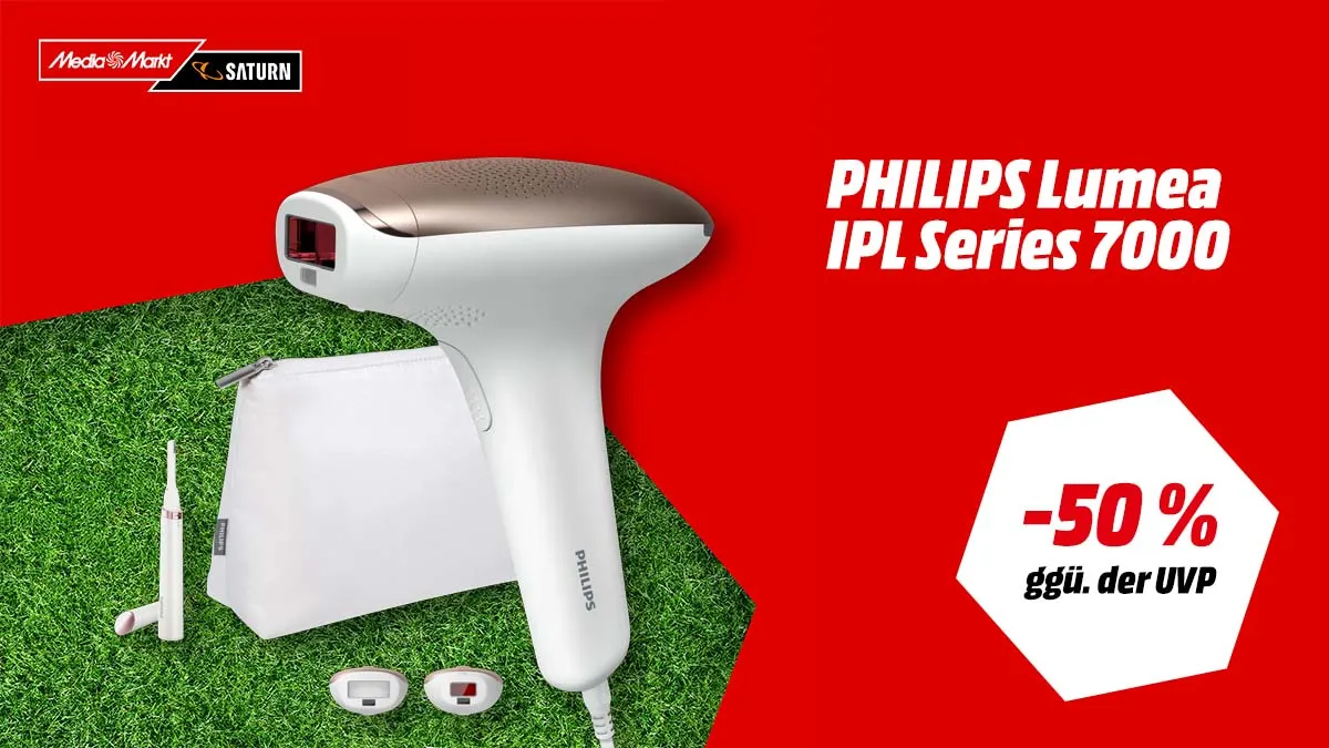 Der Philips Lumea IPL und Hinweis auf 50 Prozent gegenüber der UVP auf weiß-rotem Hintergrund.