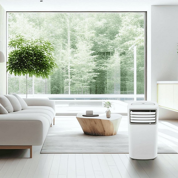 BINE. Unitate de aer condiționat OAC 7022 W albă într-un living luminos