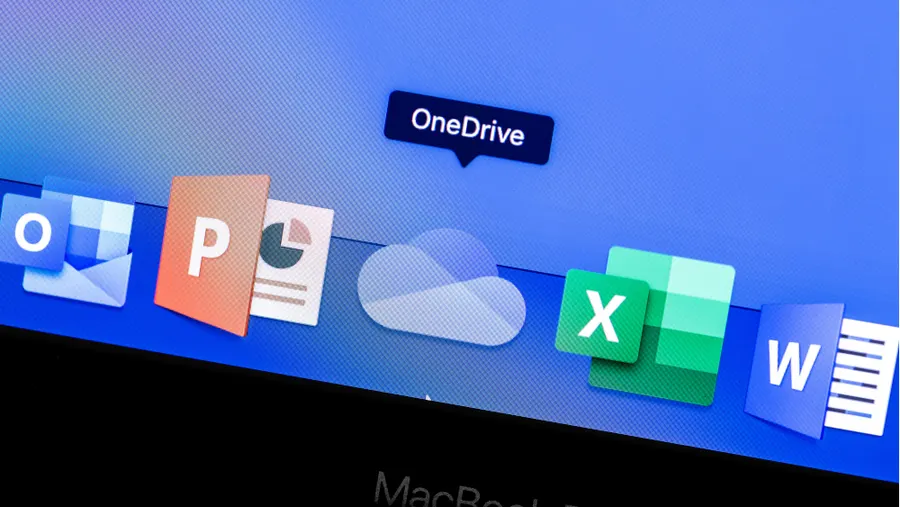 Ein blauer Bildschirm zeigt Symbole für OneDrive, Outlook, PowerPoint, Excel und Word. Eine Cloud ist auch sichtbar.