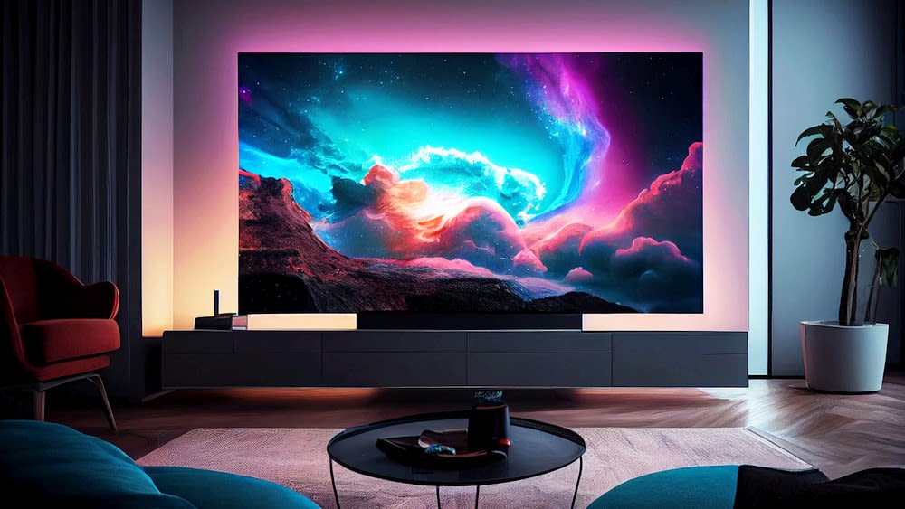 Ein großer Fernseher in einem eleganten Wohnzimmer zeigt einen bunten Wolkenhimmel.