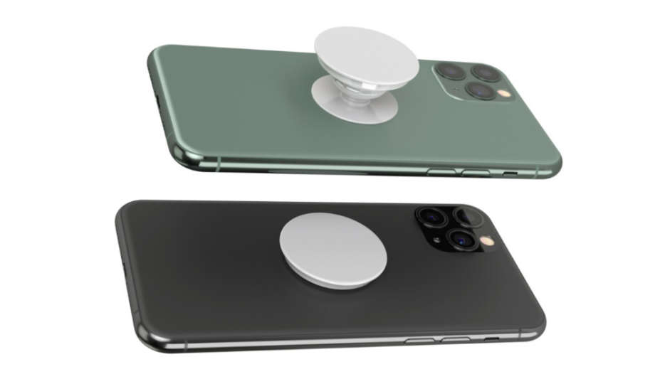 Zwei Popsockets sind jeweils an der Rückseite eines Smartphones befestigt.