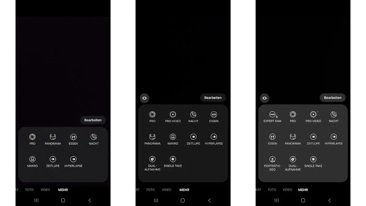 Eine Collage zeigt Screenshots der Foto- und Videomodi des Samsung Galaxy A17 (links, Galaxy A56 (Mitte) und Galaxy S25 Ultra (rechts). Das Galaxy S25 Ultra bietet die meisten Kameramodi.