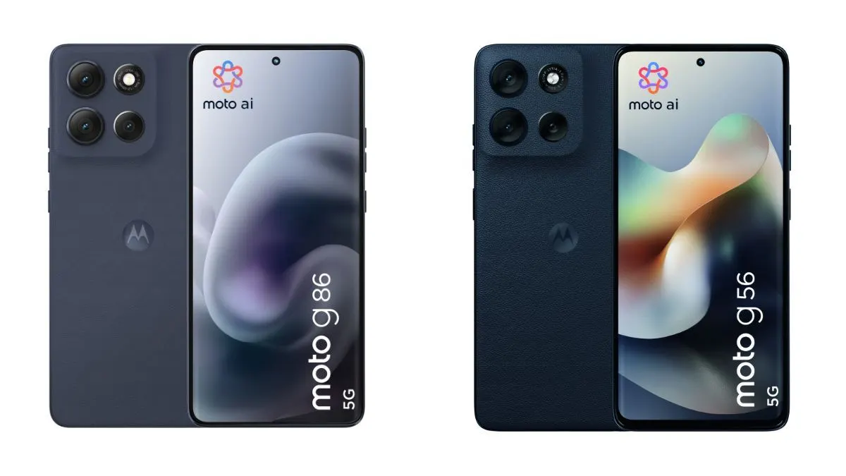 Die Smartphones Motorola moto g86 5G und moto g56 5G vor weißem Hintergrund.