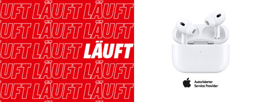 Ein Tresen mit dem Schild "Autorisierter Service Provider" und dem Apple-Logo. Im Hintergrund ist eine Person zu sehen.