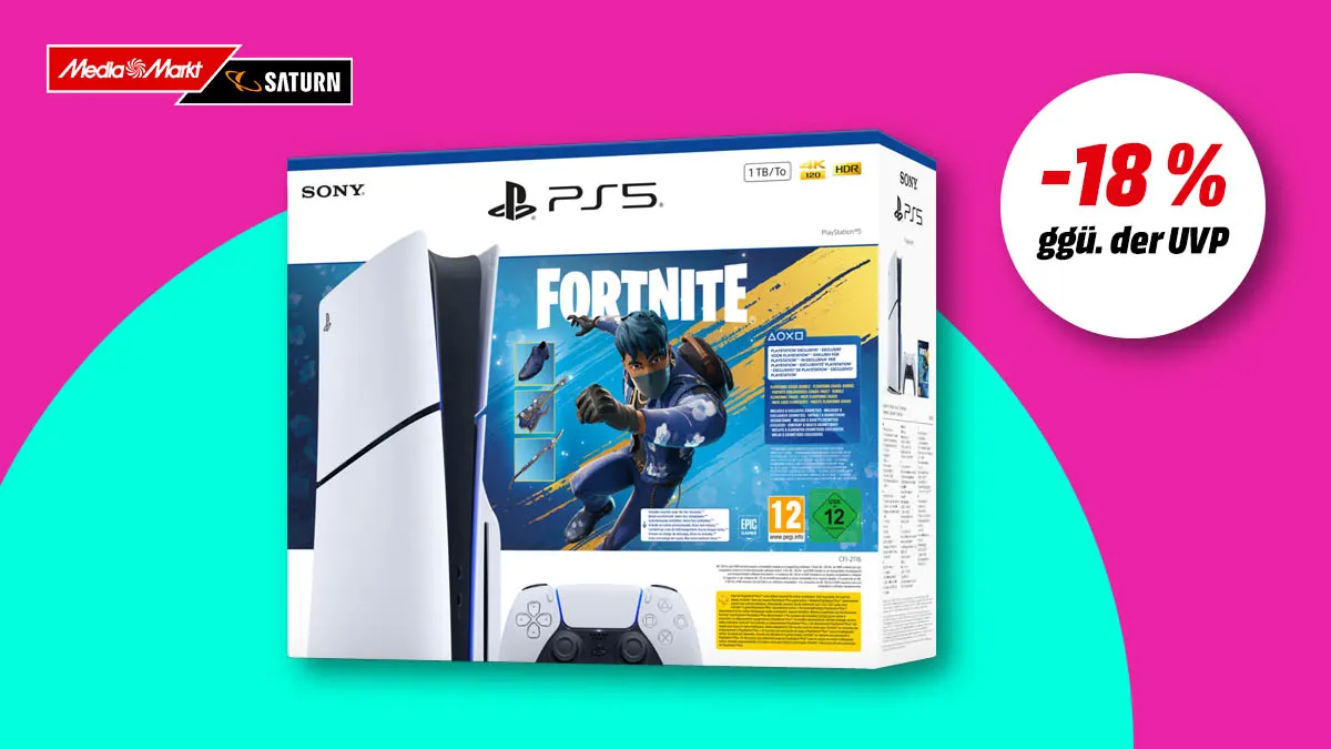PlayStation 5 Fortnite-Bundle und Hinweis auf 18 Prozent Rabatt gegenüber UVP auf buntem Hintergrund. 