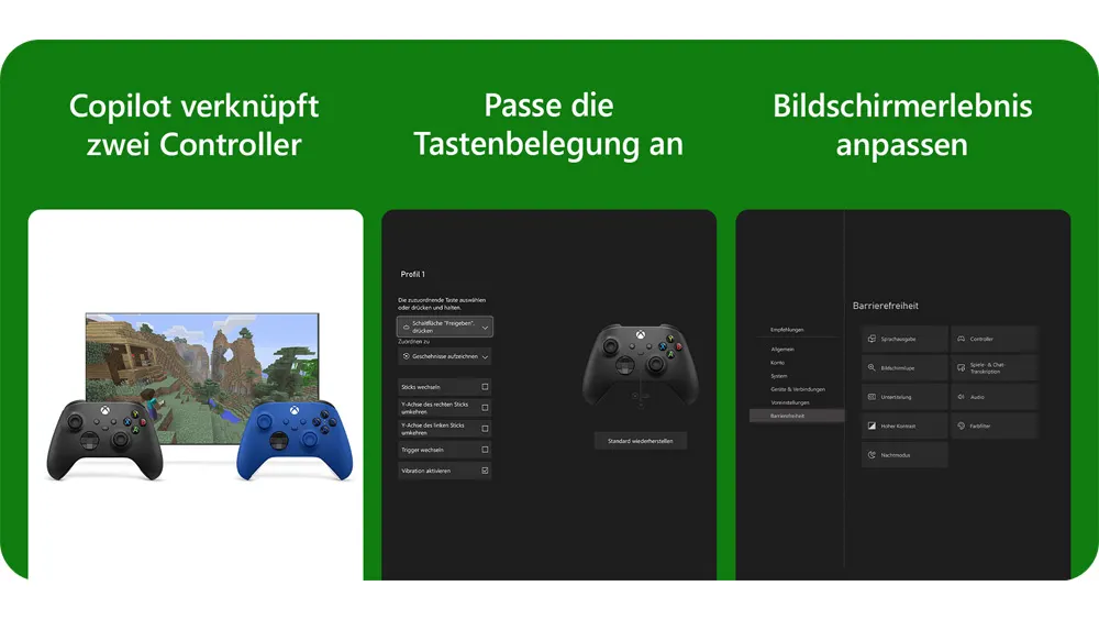 Grüner Hintergrund mit Text und Screenshots von Spieleinstellungen. Zwei Controller vor einem Bildschirm mit einem Spiel.