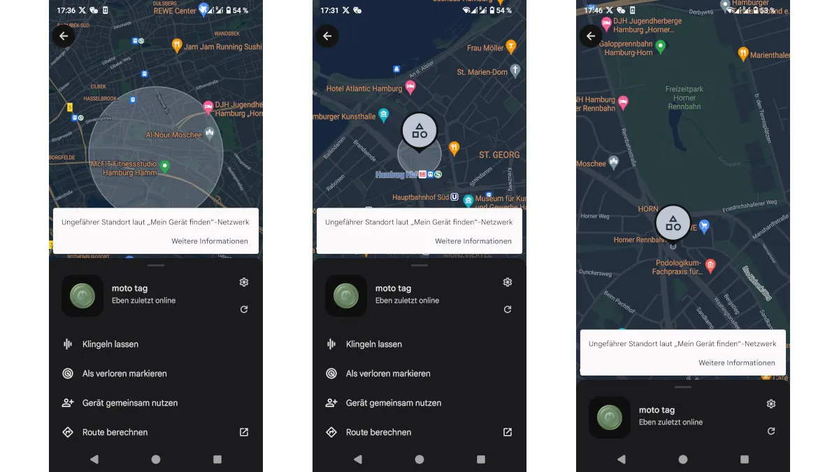 Drei Smartphone-Bildschirme zeigen eine Karten-App mit verschiedenen Standorten in Hamburg und Menüoptionen.
