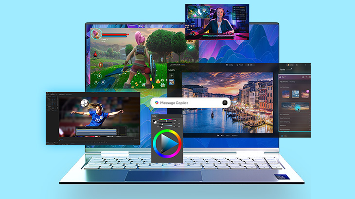 Laptop mit mehreren schwebenden Fenstern für Gaming, Video- und Bildbearbeitung sowie Copilot-Suche, die vielseitige Nutzung und Performance zeigen.