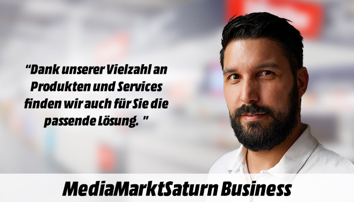 Mann mit Bart, weißem Hemd. Text links: "Dank unserer Vielzahl an Produkten und Services finden wir auch für Sie die passende Lösung."