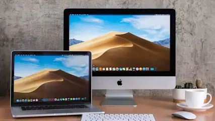 Ein Laptop, ein Computer, eine Tastatur und eine Maus stehen auf einem Tisch. Eine Kaffeetasse und eine kleine Kaktuspflanze sind auch zu sehen.