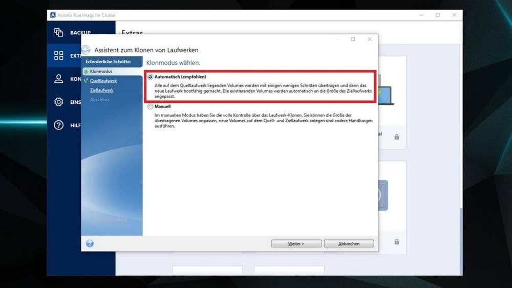 Automatisch-Feld ist rot umrandet in der Acronis-Software