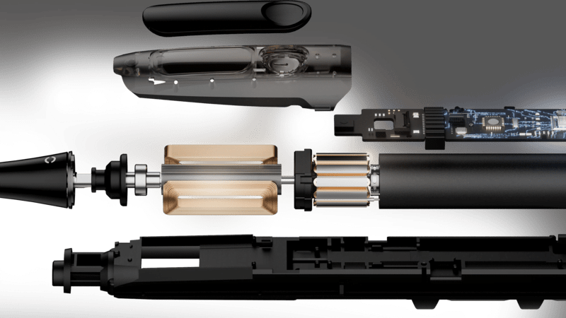 Explosionszeichnung einer schwarzen elektrischen Zahnbürste, die interne Komponenten wie Motor und Leiterplatten zeigt.