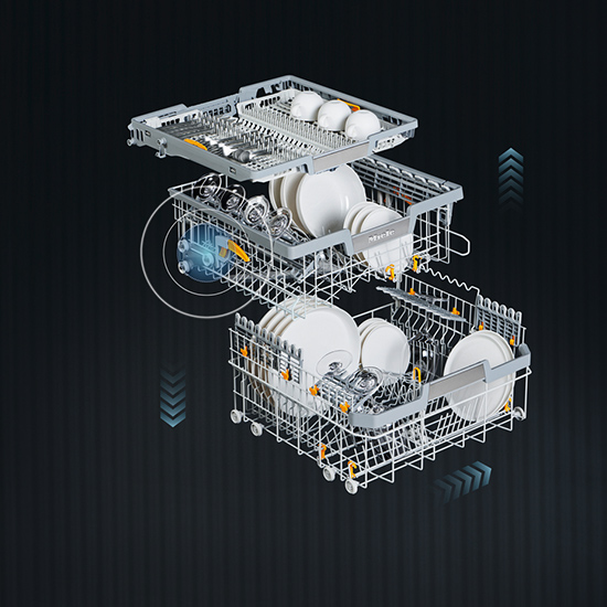 Drei Geschirrspülerkörbe aus Metall mit Tellern, Schüsseln, Gläsern und Besteck auf einem dunklen Hintergrund. Blaue Pfeile zeigen nach oben.