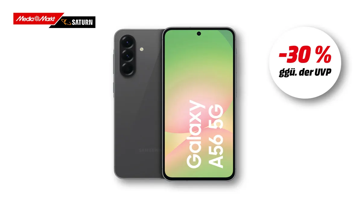 Samsung Galaxy Smartphone A56 und Hinweis auf 30 Prozent Rabatt gegenüber UVP auf weißem Hintergrund.