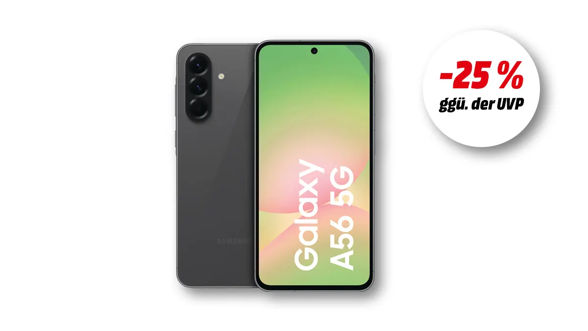 Samsung Galaxy Smartphone A56 und Hinweis auf 25 Prozent Rabatt gegenüber UVP auf weißem Hintergrund.
