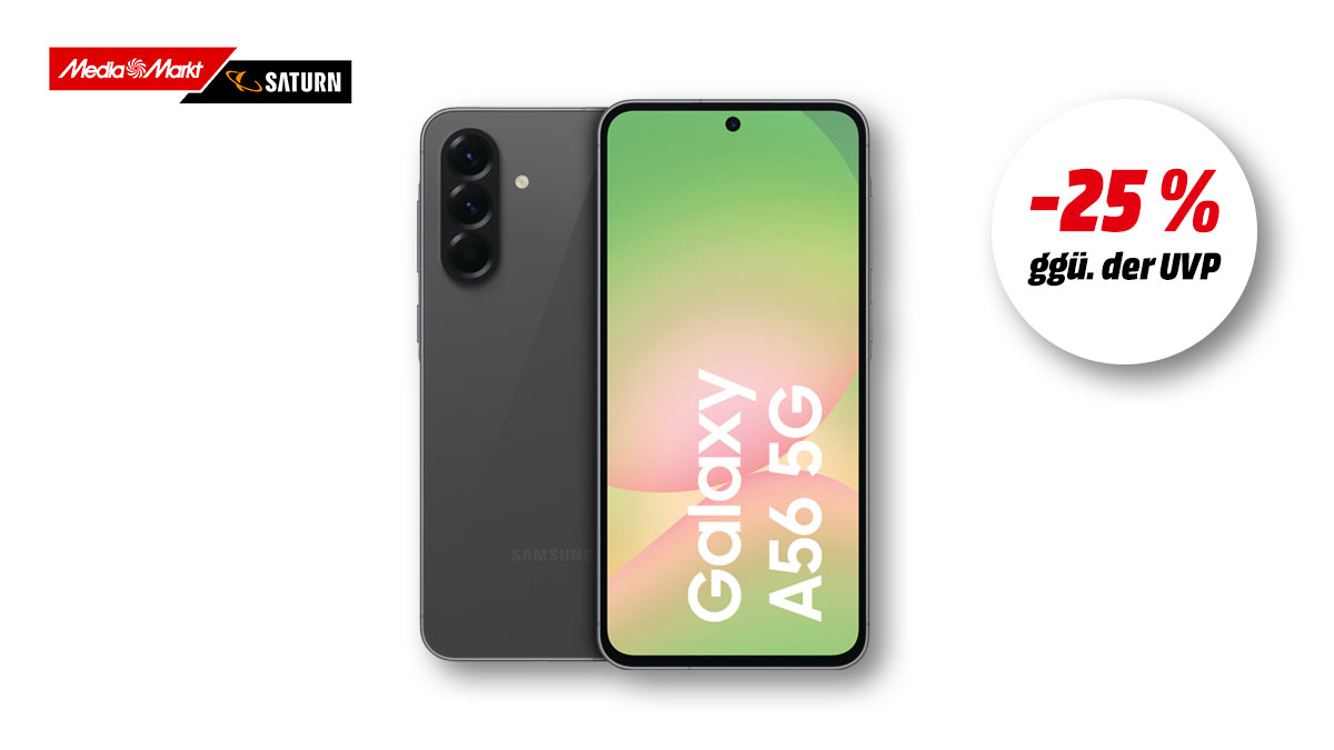 Samsung Galaxy Smartphone A56 und Hinweis auf 34 Prozent Rabatt gegenüber UVP auf weißem Hintergrund.